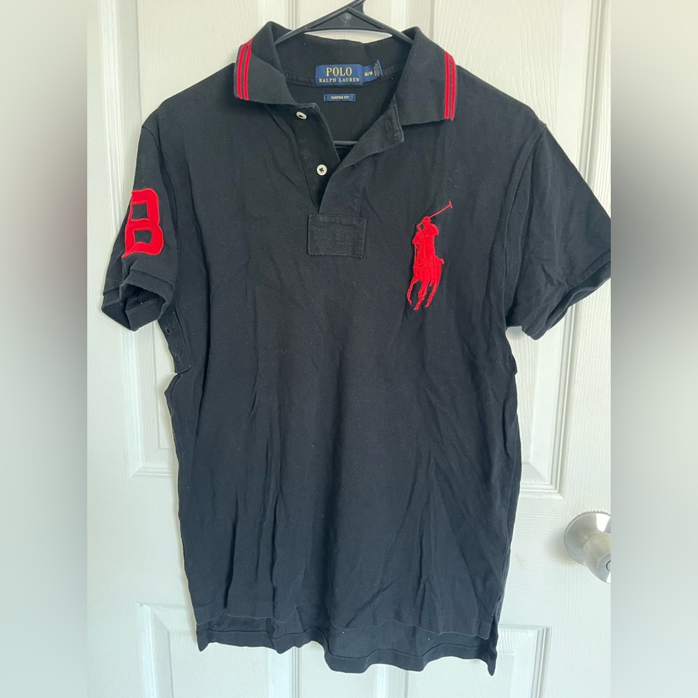 Men's Ralph Lauren Black Polo Shirt with Red M
